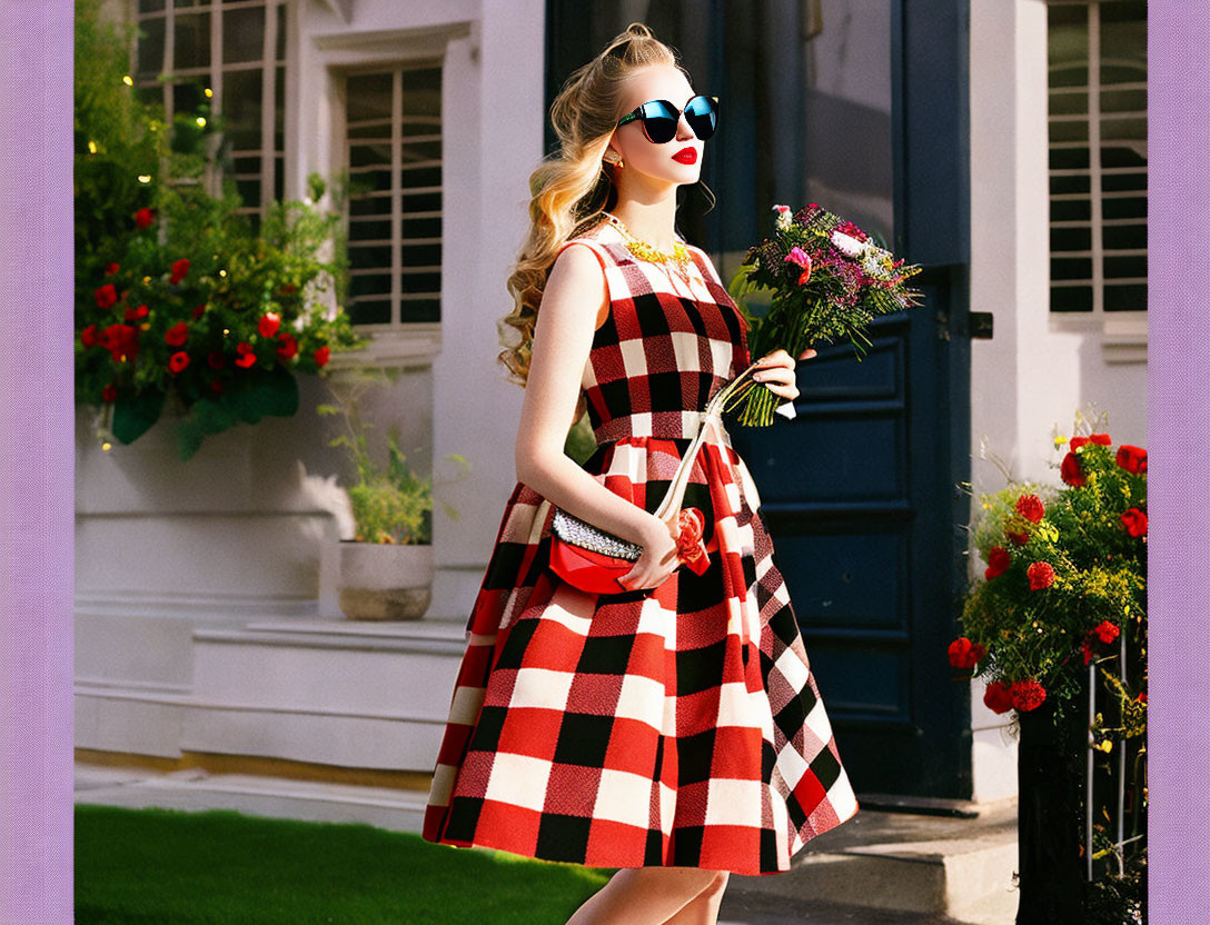 Stylish woman in red checkered dress with sunglasses holding flowers by white door