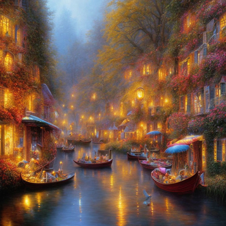 Enchanting Twilight Scene of Canal, Buildings, Boats, and Ducks