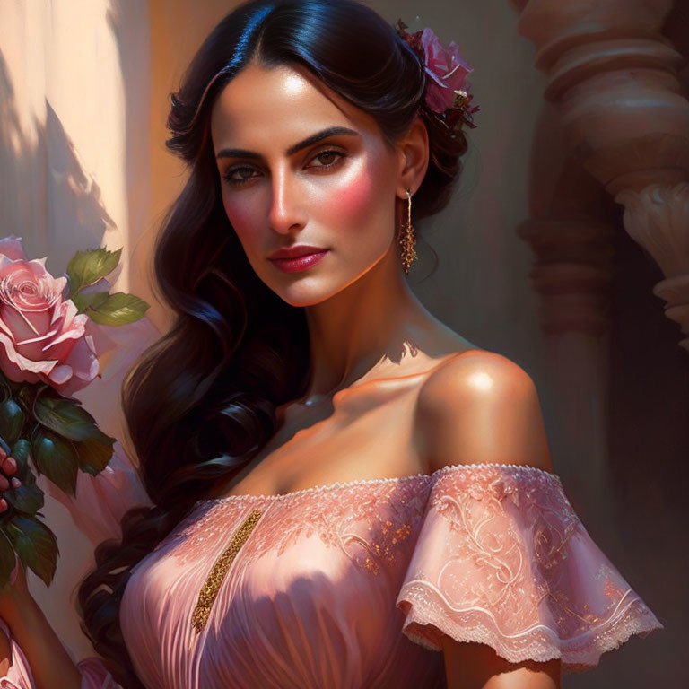 Dark-haired woman with rose in hair holding pink flower in warm sunlit setting