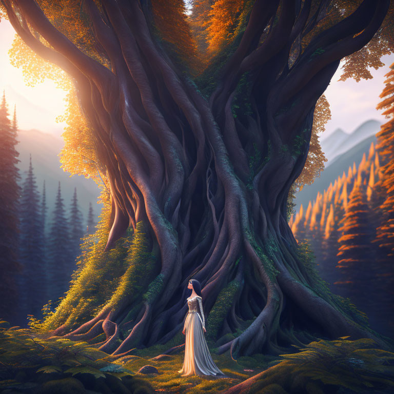 Woman in flowing gown by massive tree in golden-lit forest