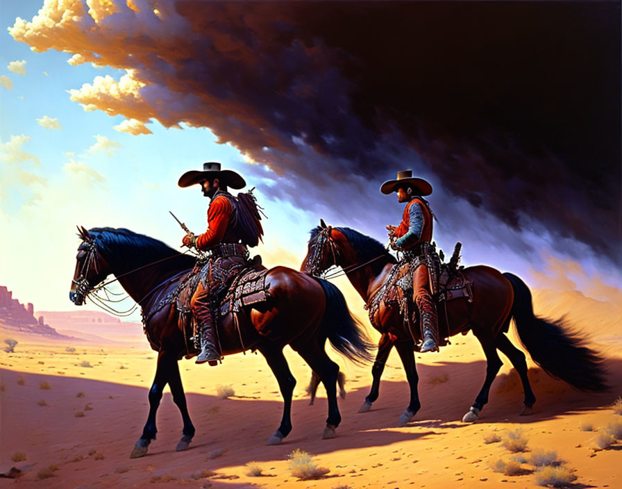 Cowboys on Horseback Riding through Desert Landscape