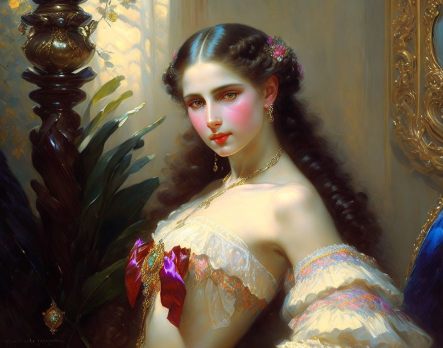 Portrait of young woman with fair skin and dark hair adorned with flowers and jewelry