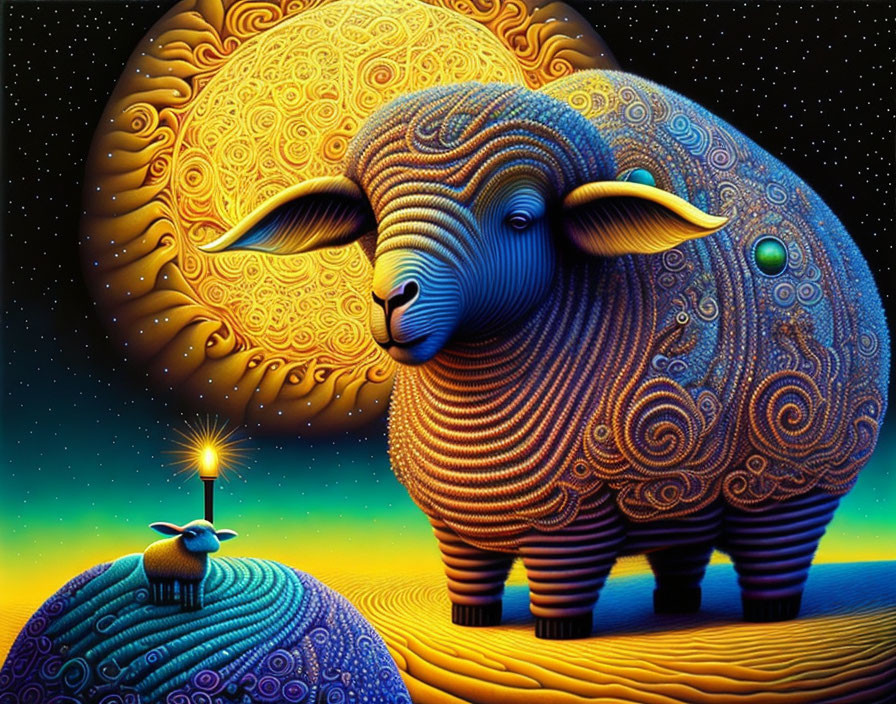 Colorful psychedelic art: Two sheep on swirling spheres in cosmic scene