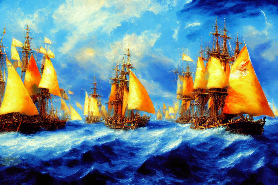 Tall ships with billowing sails on rough ocean under dynamic sky