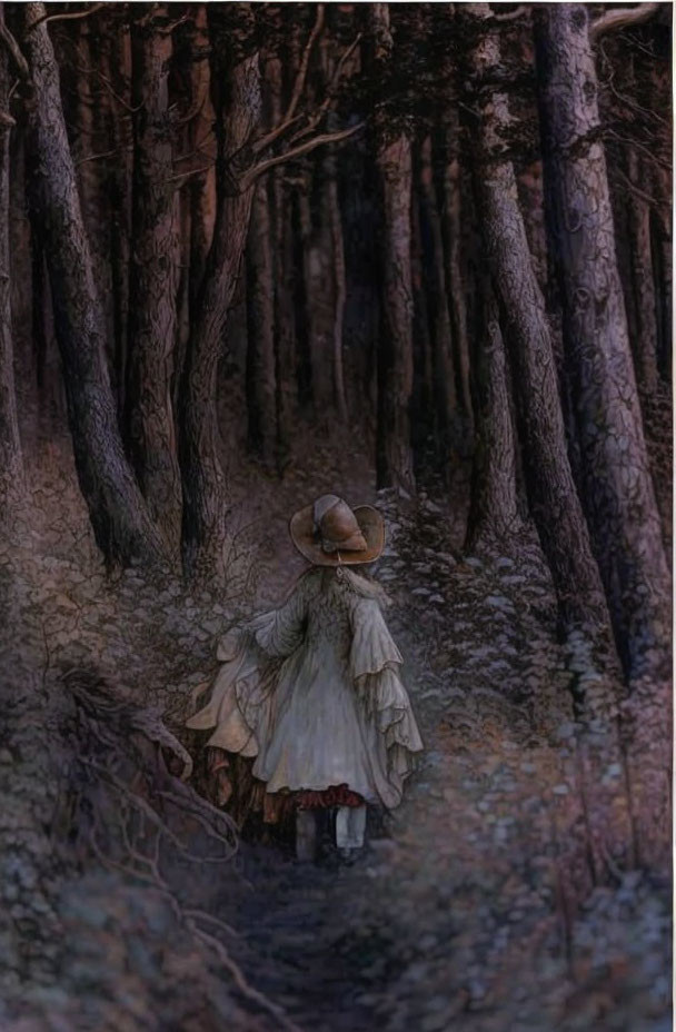 Person in white dress and hat walking on forest path surrounded by tall trees