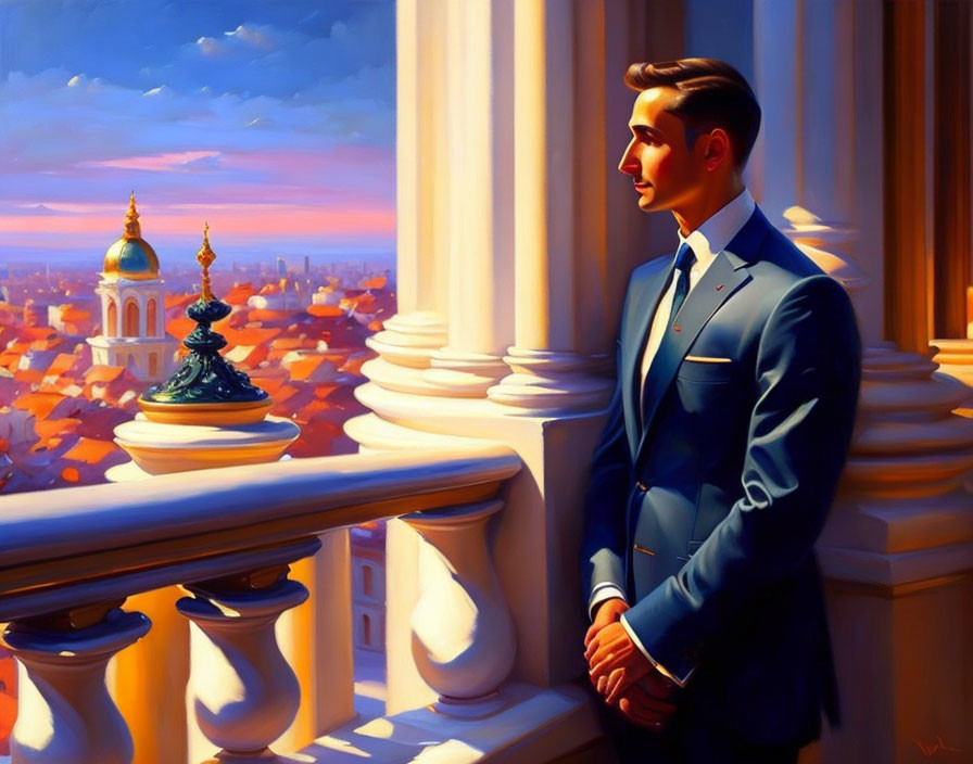 Man in formal attire on balcony gazes at city with domed buildings at sunrise or sunset