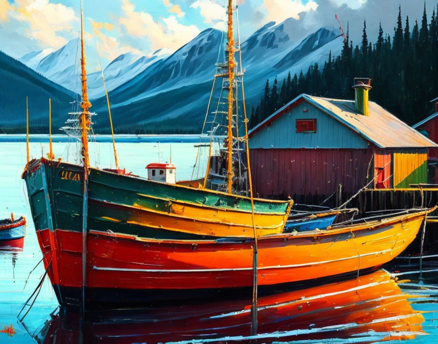 Vibrant boats by wooden dock, red-roofed cabin, mountains, blue sky.