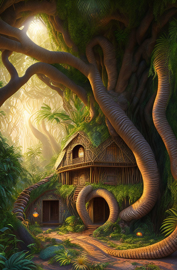 Illustration: Whimsical treehouse in lush jungle with sunlight beams