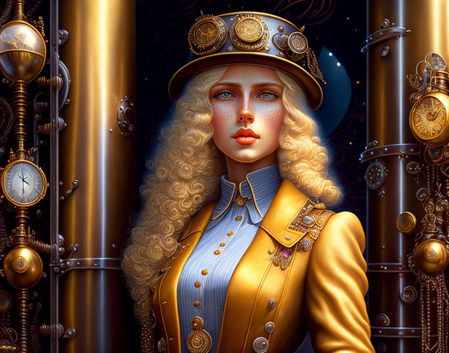 Steampunk digital art portrait of a woman in gear-adorned hat amidst brass machinery