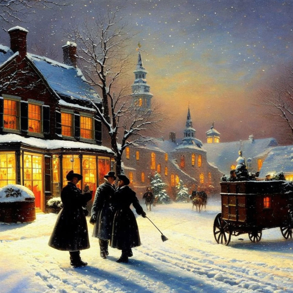 Victorian-themed snowy evening with horse-drawn carriage and lit buildings