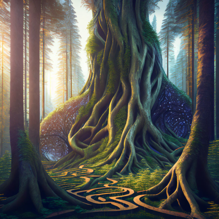 Enchanting forest scene with massive tree, intricate root patterns, and starry night sky portal.