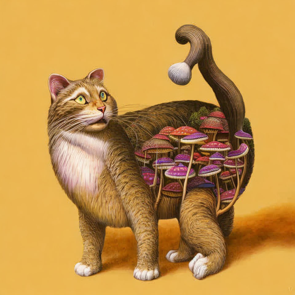 Surreal cat illustration with toadstool landscape body against yellow background