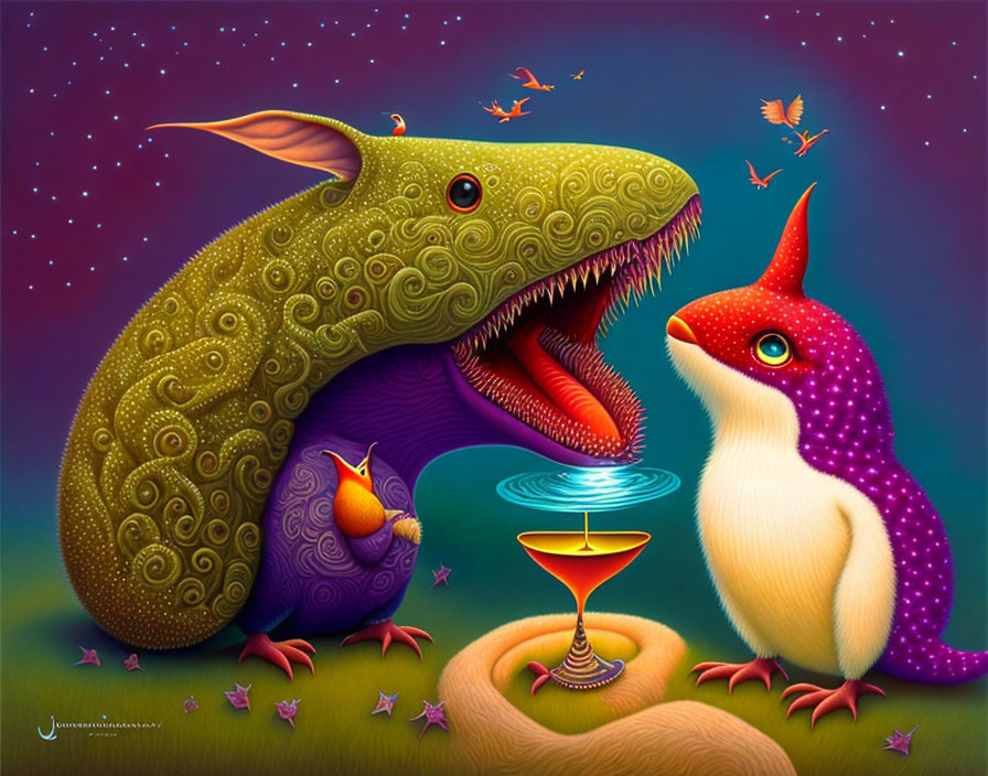 Vibrant painting of green creature with bird, purple creature, and golden chalice