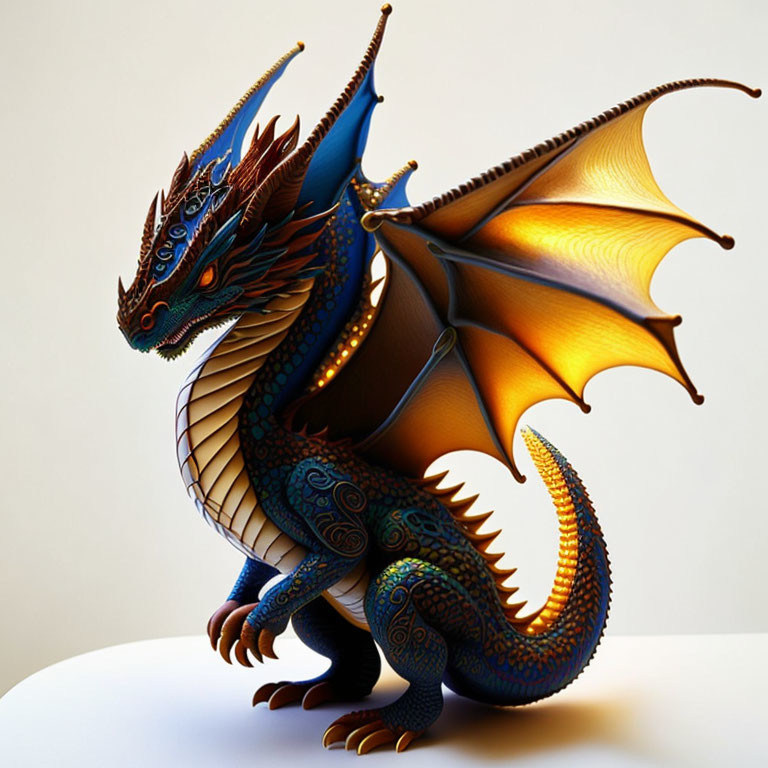 Colorful Dragon Figurine with Blue Scales and Golden Wings on Light Background