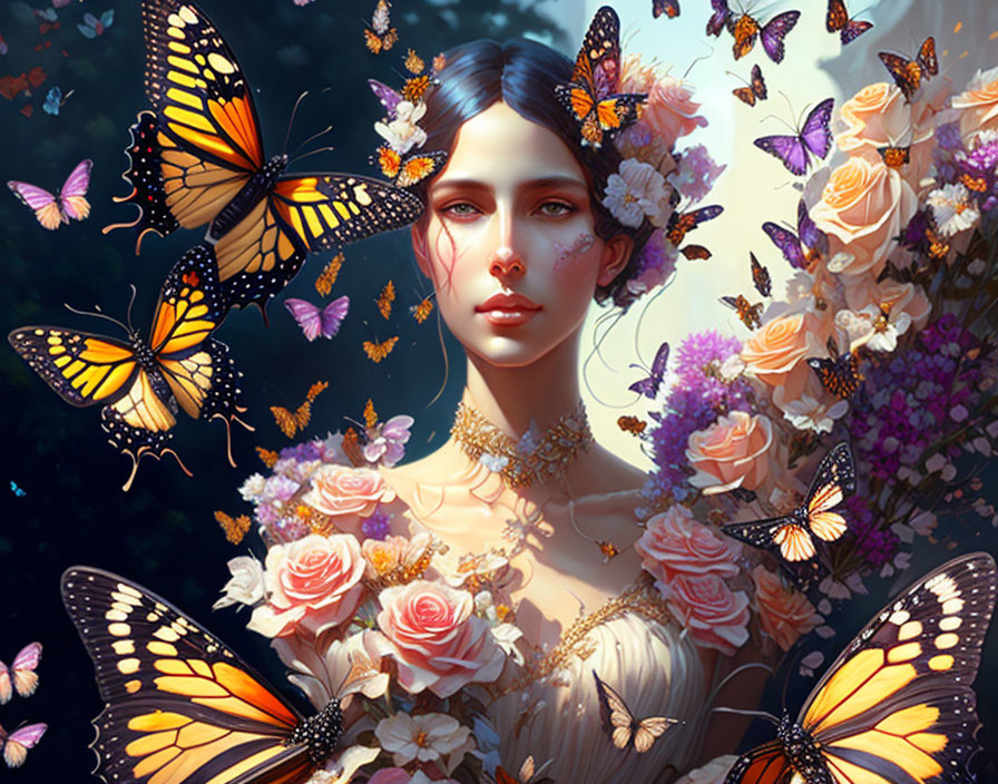 Serene woman with vibrant butterflies and flowers in warm colors