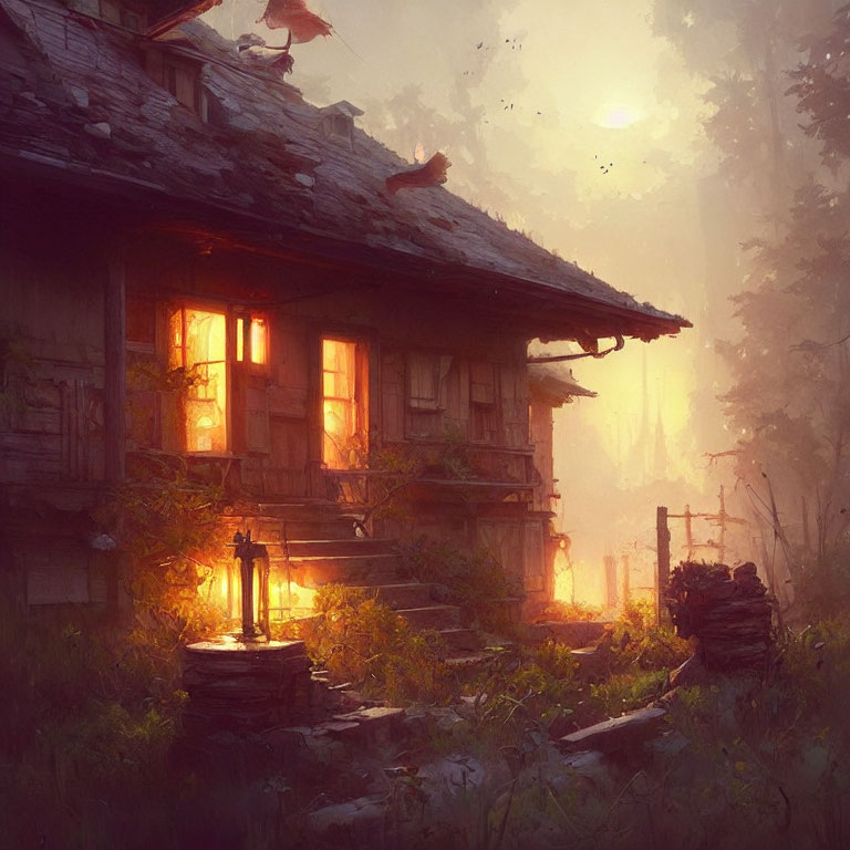 Cozy cabin in misty forest at dusk with glowing windows