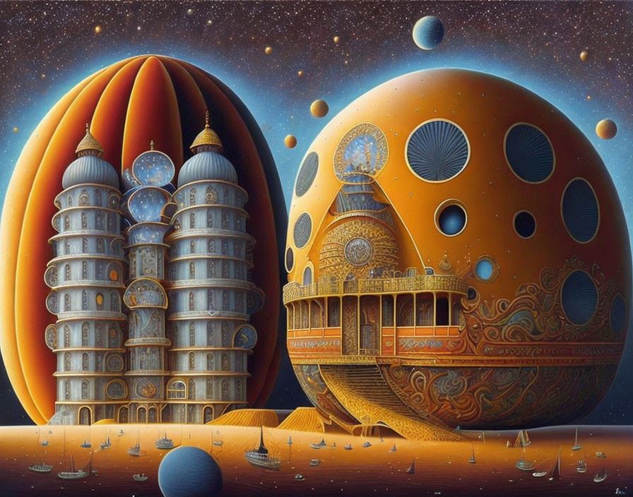 Surreal artwork of egg-shaped structures in space with stars and sailing ships.