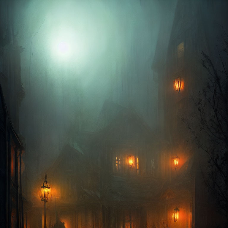 Dimly Lit Foggy Scene with Old Houses and Street Lamps