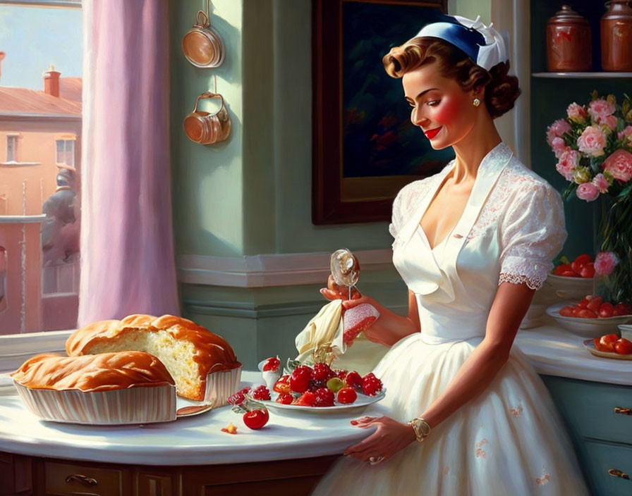 Vintage-style painting of woman with cherries in sunlit kitchen