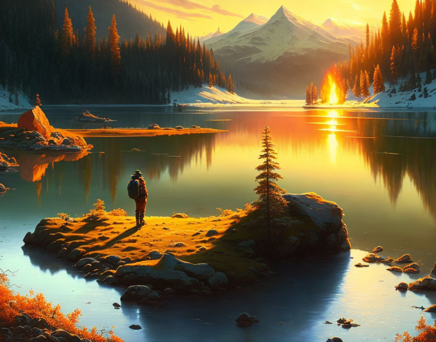 Person standing on small island in serene mountain lake at sunset with warm glow and campfire.