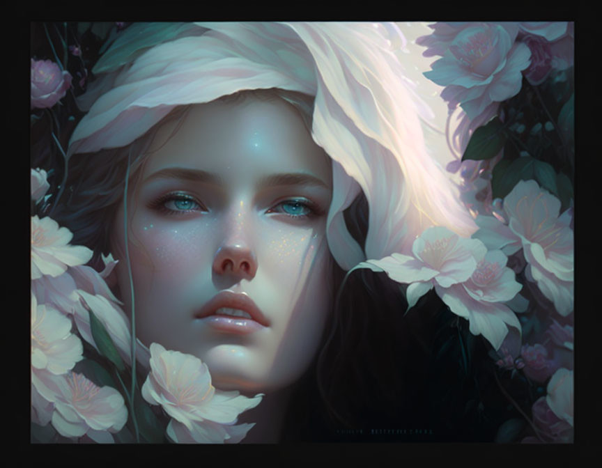 Digital Artwork of Woman with White Hair Surrounded by Pink Blossoms