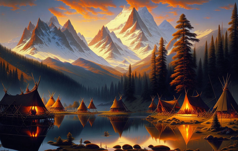 Twilight teepees near tranquil lake, forest, and snow-capped mountains