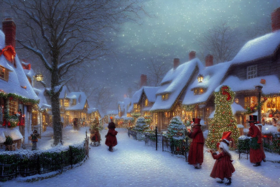 Snow-covered Christmas village street with cottages, decorations, tree, and period costumes