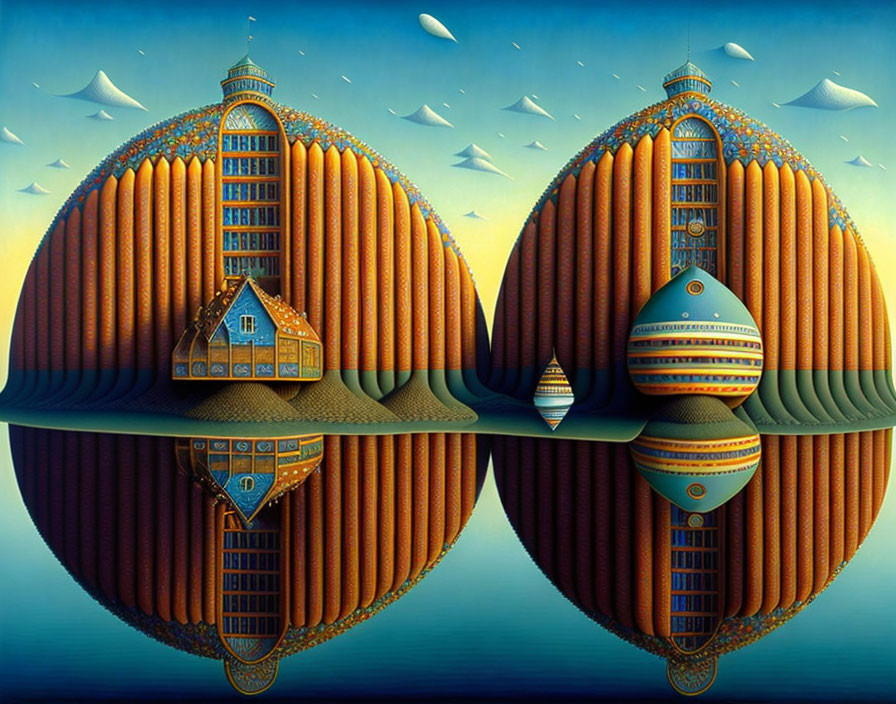 Surreal landscape with architectural structures, orange ribbed formations, water reflection, blue sky, and