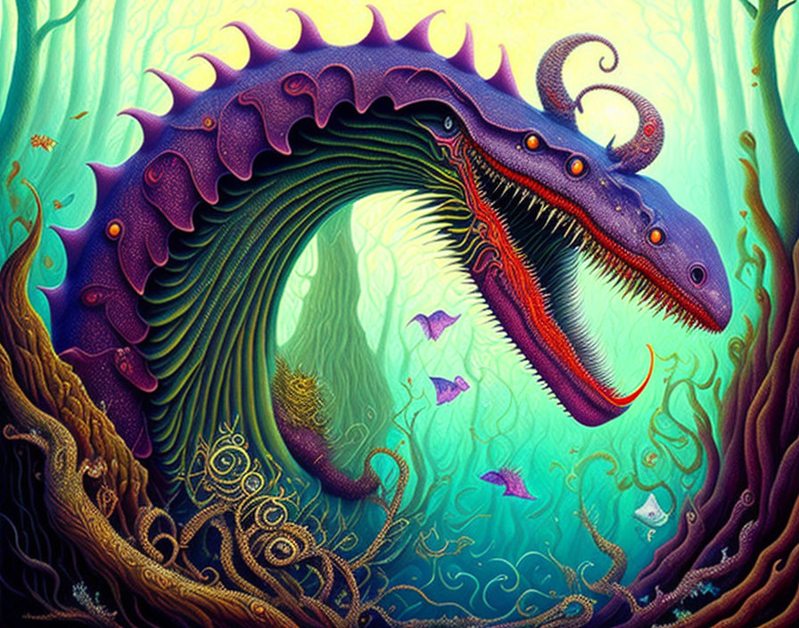 Colorful Serpent Creature with Horns and Tentacles in Enchanted Forest Scene