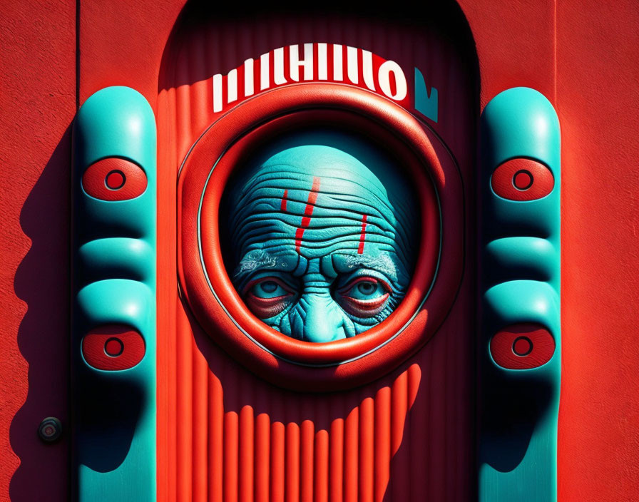 Surreal blue humanoid face with red markings in abstract red and turquoise frame