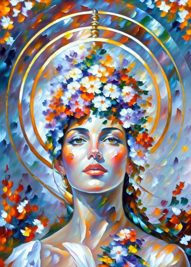 Colorful Painting of Woman with Flower Halo & Mystical Aura