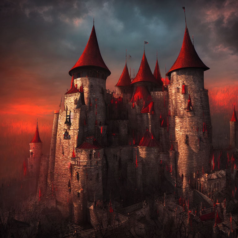 Medieval castle with spires and red banners under dramatic sunset sky