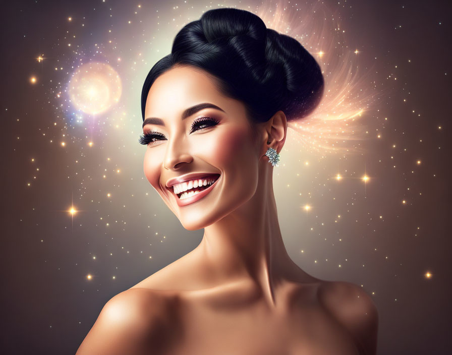 Smiling woman with elegant hairstyle and sparkling earrings in cosmic background