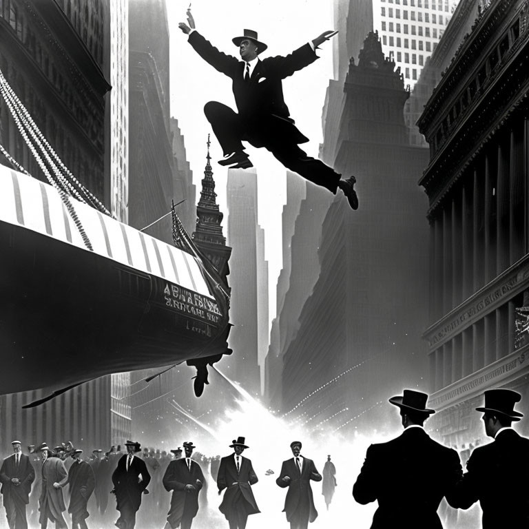 Monochrome photo of man floating above city street with skyscrapers