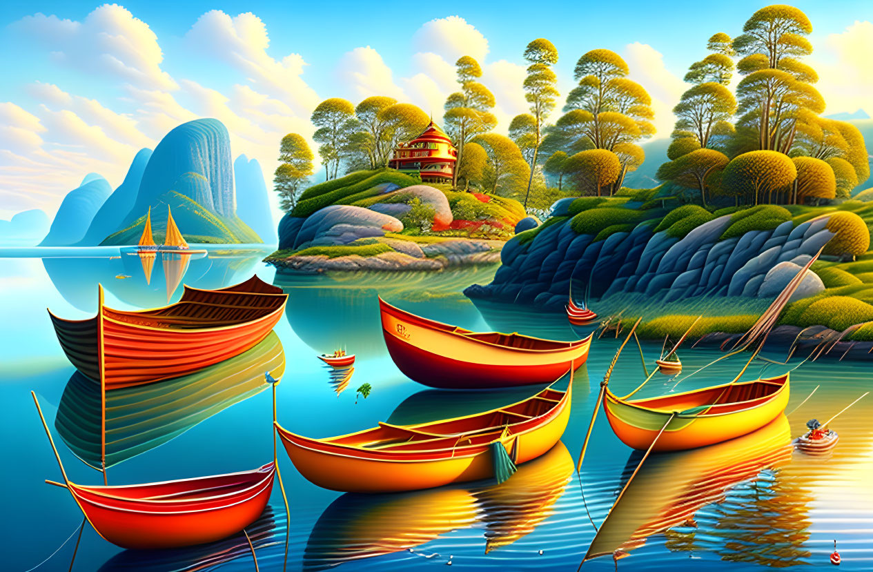 Vibrant illustration of serene lake, boats, house, foliage-covered hills under blue sky