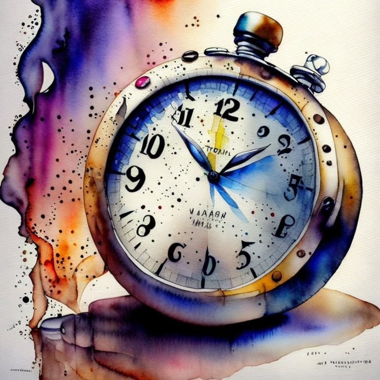 Colorful Watercolor Painting of Melting Pocket Watch