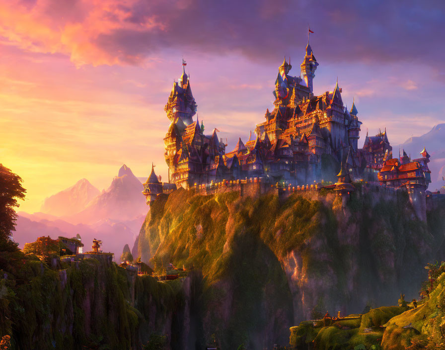 Majestic fantasy castle on cliff at sunset with waterfalls, mountains, and warm sky