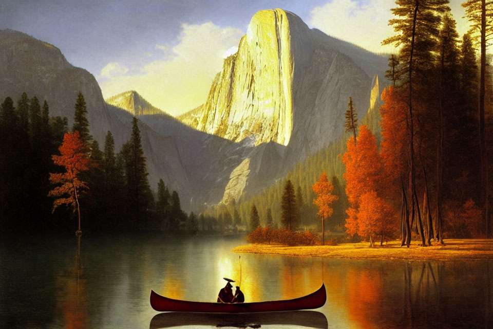 Person rowing canoe on calm river with autumn trees and sunlit mountain