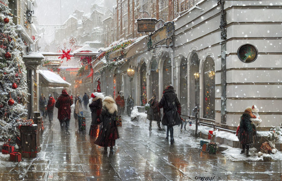 Snowy city street with Christmas decorations and shoppers in festive scene