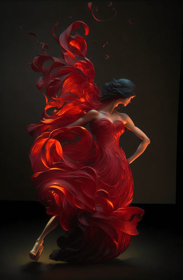 Woman in flowing red dress striking dynamic pose against dark background