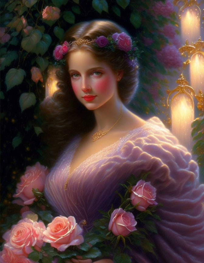 Ethereal painting of woman in purple dress with floral headpiece surrounded by roses and candles