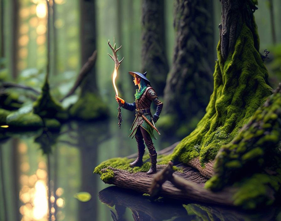 Elf-like fantasy figure with glowing staff in lush forest