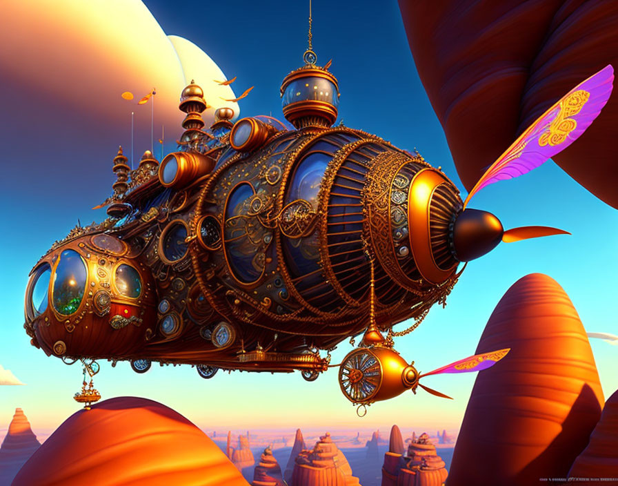 Steampunk airship over surreal desert landscape