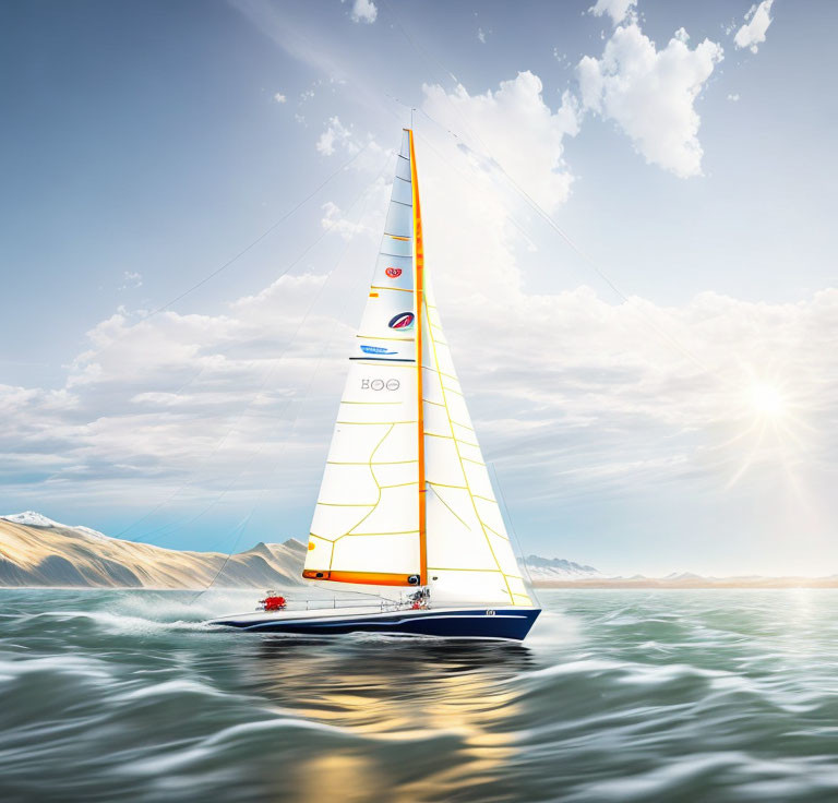 Colorful sailboat on calm waters with snowy mountains and bright sun