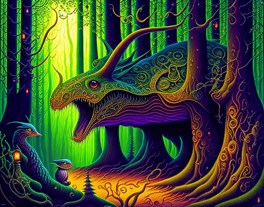 Colorful Psychedelic Forest Illustration with Glowing Trees and Intricate Creature