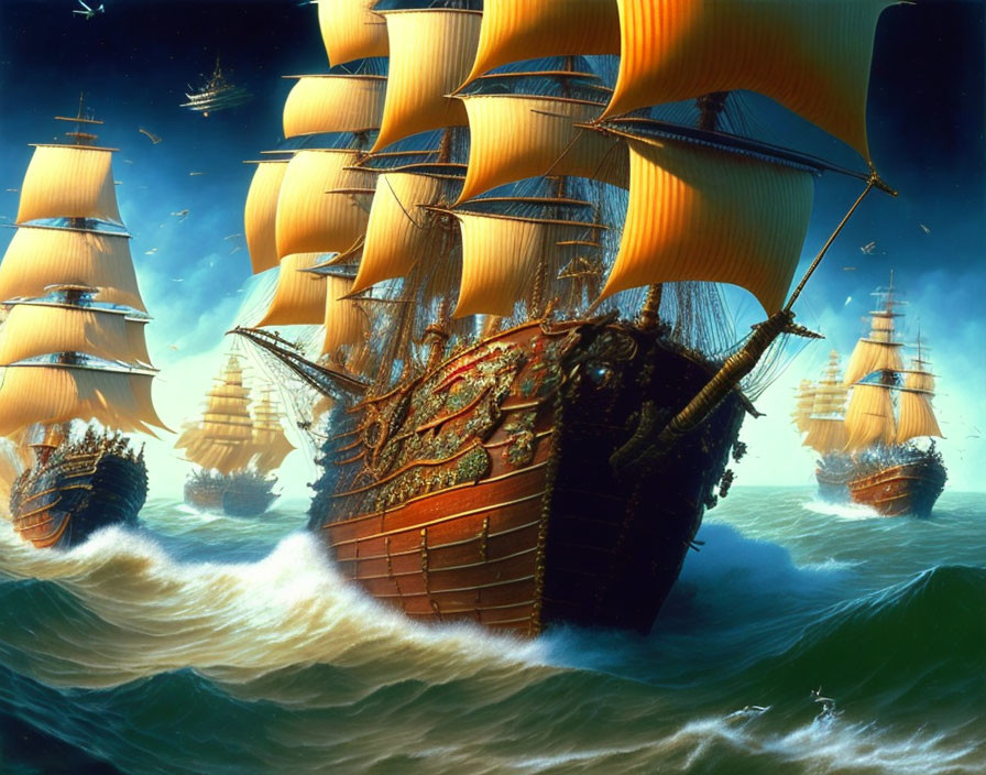 Ornate sailing ships on tumultuous ocean waves