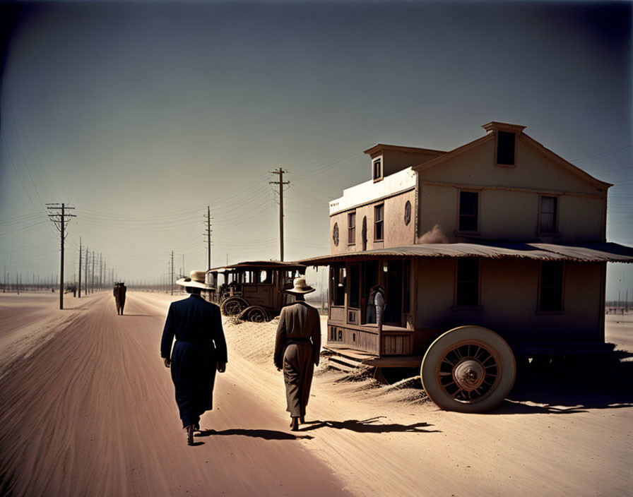 Vintage scene: Two men walking by dusty roadside with old vehicles and telephone poles near a two-story house