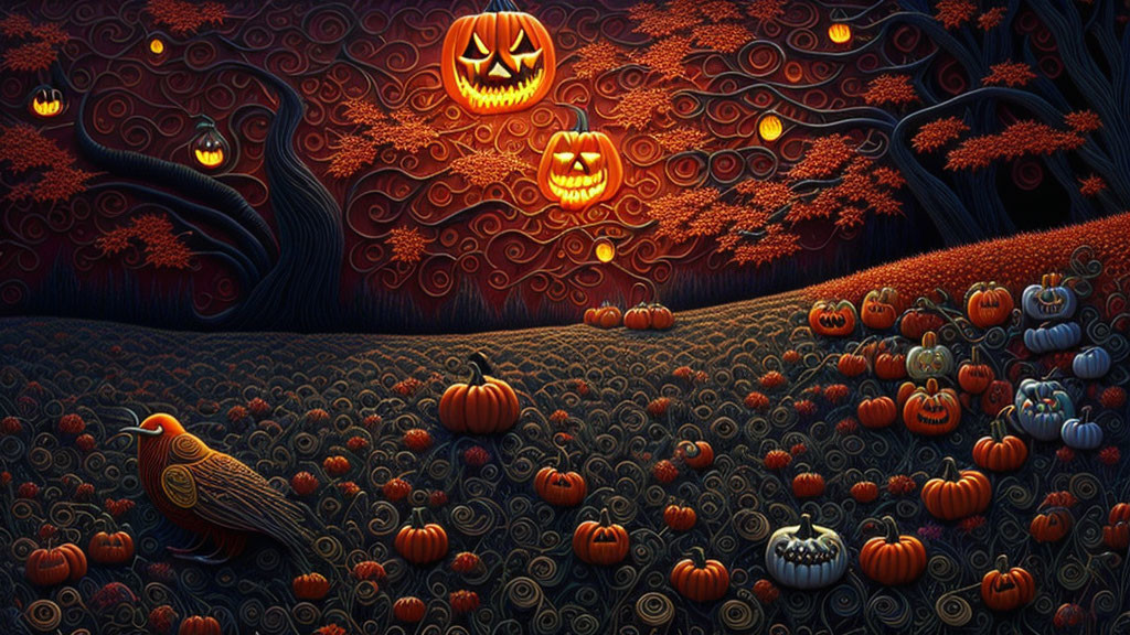 Whimsical Halloween illustration with pumpkins, bird, and twisted trees