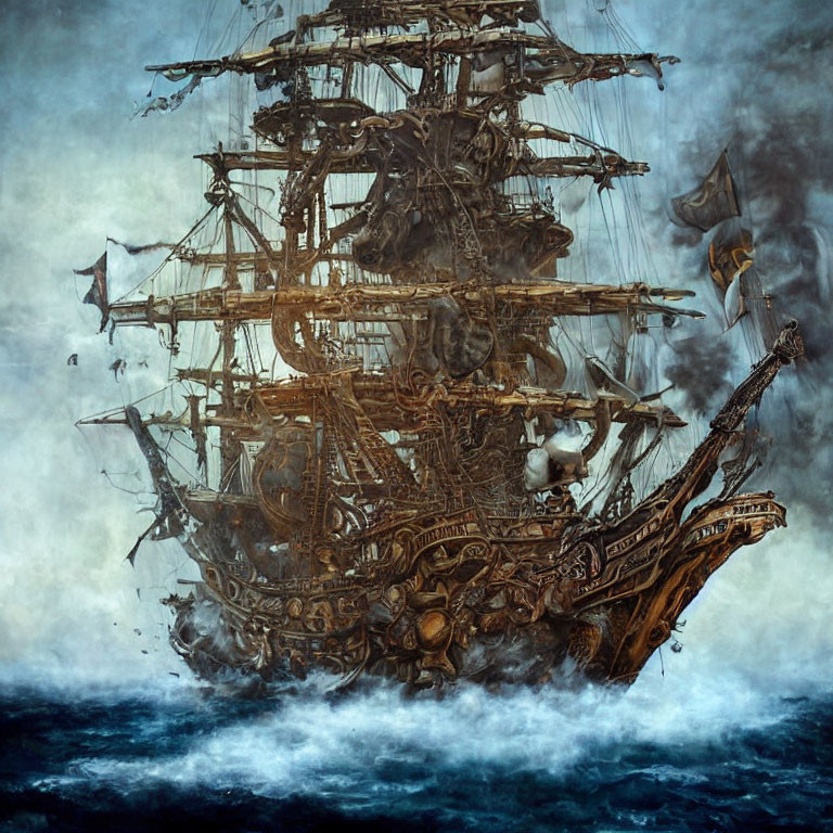 Ornate fantastical ship sailing through misty waters