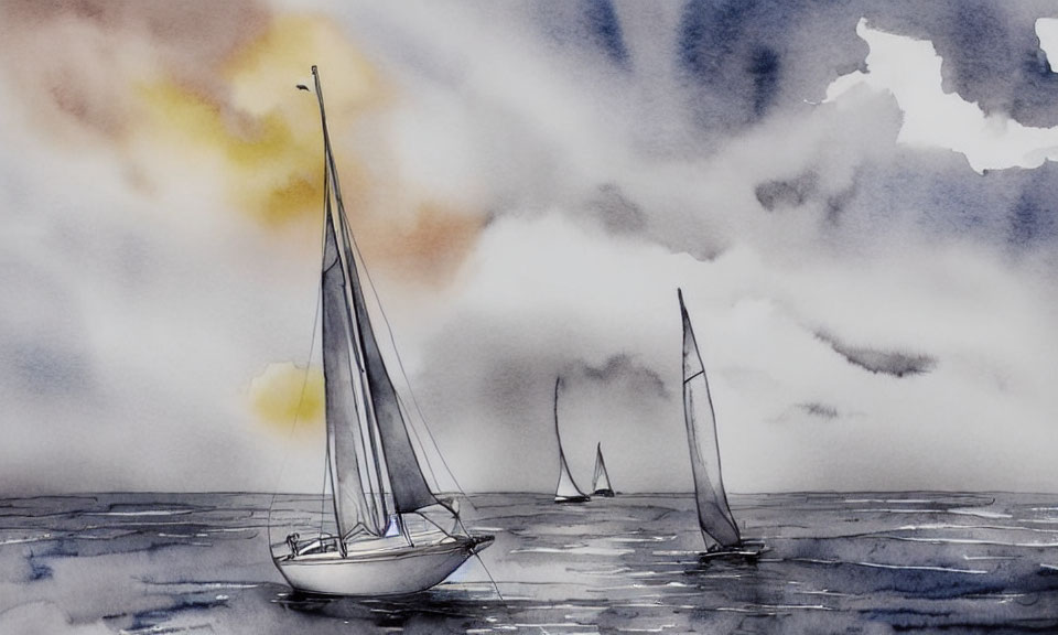 Sailboats Watercolor Painting: Serene Sea & Cloudy Sky